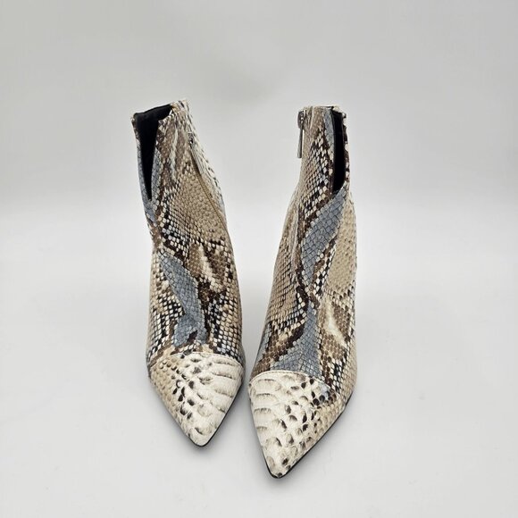 Snakeskin Print Pointed Toe Ankle Boots  Beige & Brown Faux Leather 4" Heels - Picture 3 of 9